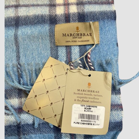 Marchbrae 100 % Soft Cashmere Blue Plaid Scarf With Fringe NWT Unisex - Picture 3 of 3